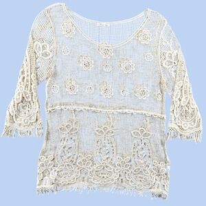 Phase One Crochet‎ Top Womens M Cream Lace Floral Sheer Bell Sleeve Fringe Boho